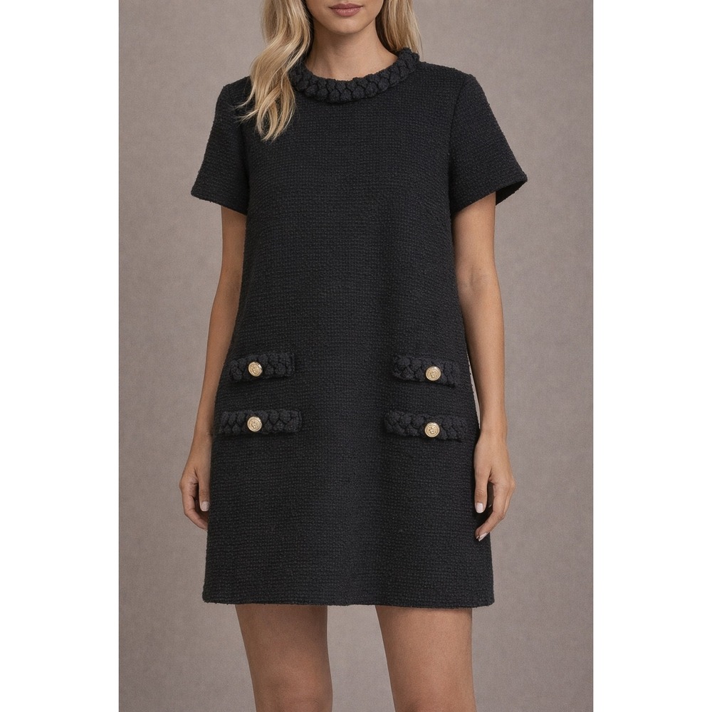 Black Tweed Short Sleeve Shift Dress